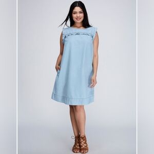 Lane Bryant Chambray Swing Dress 14 Pockets Ruffle Blue Sleeveless Casual